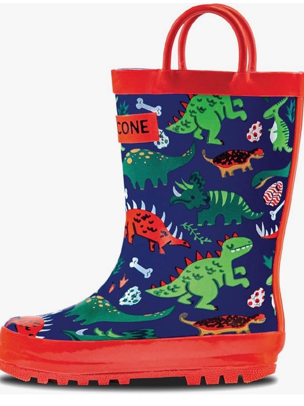 Children's Navy Rain Boot with Colorful Dinosaur Print and Red Trim